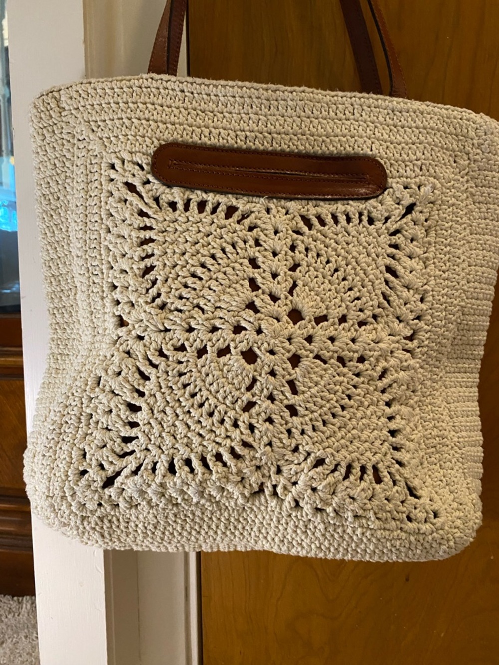 Neutral Crochet Tote Bag with Brown Tassel Straps - Patricia Nash. - Picture 4 of 12